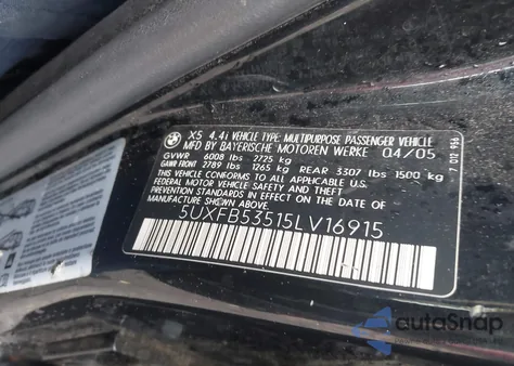 2005 BMW X5 4.4I из США, поврежденный, VIN 5UXFB53515LV16915